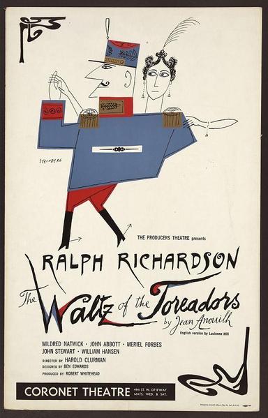 The image is a vintage poster for the stage production "The Waltz of the Toreadors." It features stylized, colorful illustrations depicting two characters. One character appears to be a French military officer dressed in blue with red accents and wearing a hat adorned with decorative elements. The other character seems to represent a woman also engaged in dance or performance attire, holding what looks like a tambourine or similar musical instrument. Both figures are set against an off-white background which allows the vivid colors of their costumes to stand out prominently. Below them is text providing information about the production including names associated with it and its producer: Ralph Richardson, Jean Anouilh's "The Waltz," directed by Harold Clurman, produced at Coronet Theatre in Los Angeles, among others. Additional details like location and dates of performances are also mentioned on this poster which showcases a mix of typography styles to capture attention for the theatrical event being promoted.