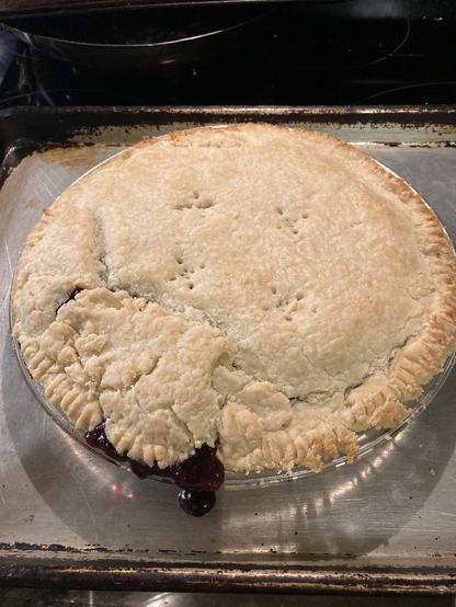 A fairly normal-looking fruit pie cooling on a cookie sheet. One quadrant has a lot of small cracks in the crust, and the purple filling is leaking out the lower edge. It looks a bit like it’s sticking out its tongue.
