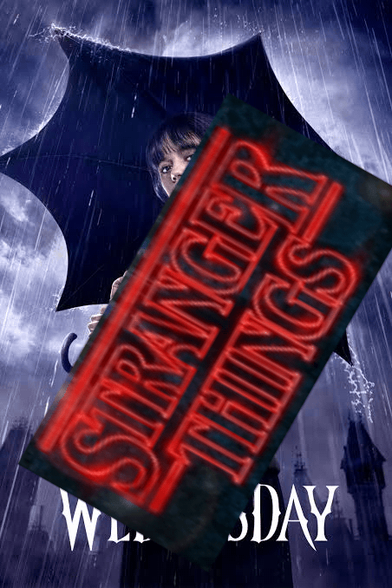 A “Wednesday” (the tv show) promo photo “blacked out” by a “Stranger Things” logo.