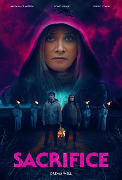 A poster for the movie Sacrifice, featuring a hooded woman's face above a couple surrounded by robed figures holding torches against a dark background.