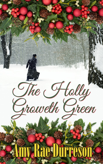 The title in swirly writing in the centre of a snowy scene of a man in a old-time suit walking across a snow-covered field, snowflakes falling around him. Holly with lots of red berries provides a frame on top and bottom.