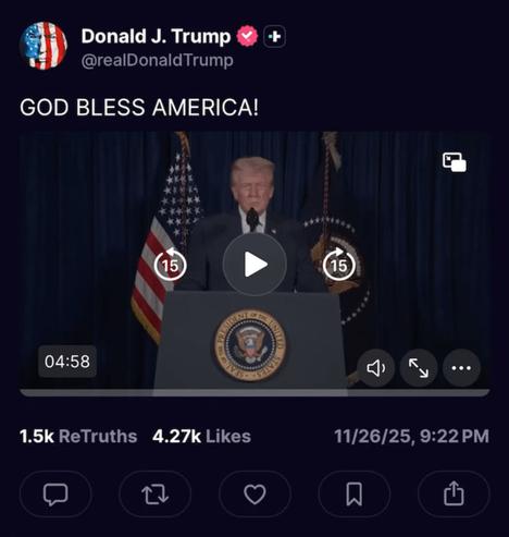 screenshot of trump post 11/26/25 - Trump’s speech on the murder of two National Guard members. Summary: Rants about immigrants, blames Joe Biden, and calls out Somalia.