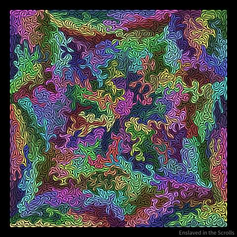 A single loop of 60,000 particles that form a multicolored path that is repeatedly folded in on itself packed tightly into a square.