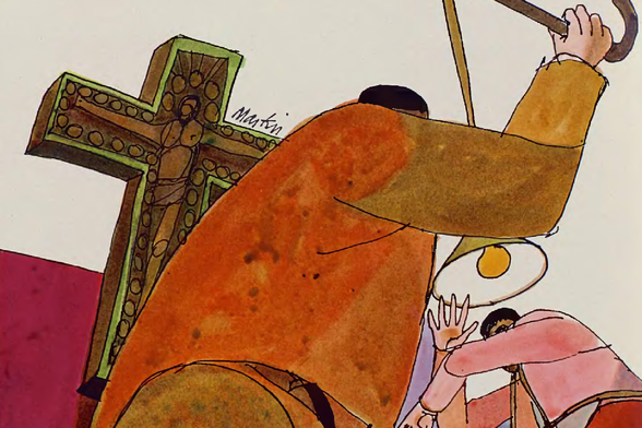 1966 Artistic Depiction of Religious Figures

The image displays a colorful and expressive artistic interpretation of religious figures, with one figure prominently holding what appears to be the cross.
Another character is depicted in pink attire.