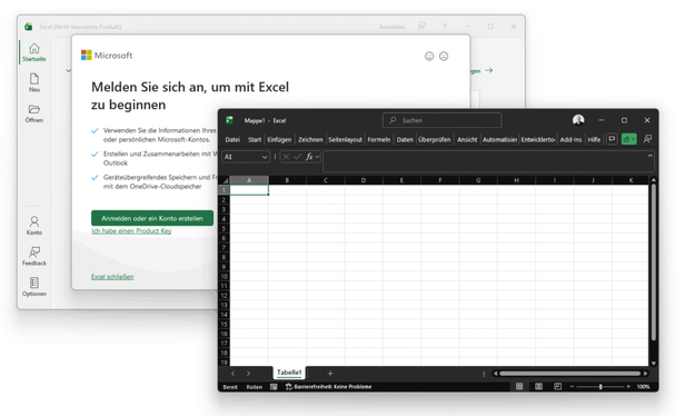 Ein nicht lizenziertes Excel-Fenster zeigt ein Anmeldefenster und ein leeres Tabellenblatt. Option zur Kontoerstellung wird angeboten. Menüleiste oben, Zellbereich darunter.