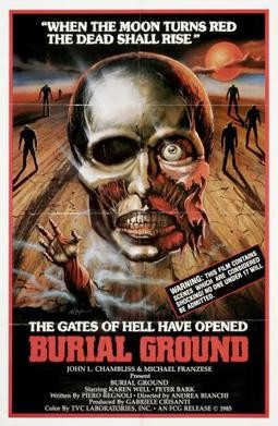 A retro theatrical poster for the horror movie "Burial Ground." A large, graphic illustration of a decomposing head—half skull, half rotting flesh—dominates the center. Behind it, zombie silhouettes wander a desolate landscape. A faux warning sticker on the right reads, "Warning: This film contains scenes which are considered shocking! No one under 17 will be admitted." The bottom text announces, "The Gates of Hell Have Opened: Burial Ground," followed by cast and crew credits.
