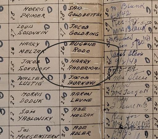 detail of a grid of names from a yellowed table of names (actually a cemetery map). the name Harry Raderman is circled in the middle of the image.