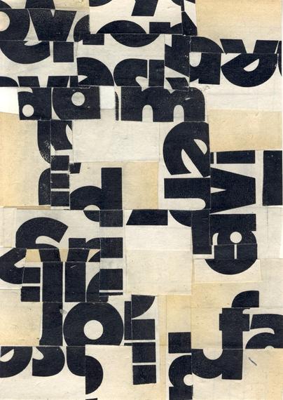 A collage of overlapping paper fragments featuring abstract, cut-up black and white letterforms in a dense, geometric composition.
