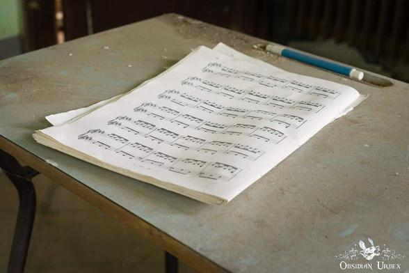 Dusty music sheets rest on an aged desk, accompanied by a blue pen. The image,