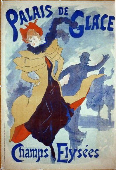 The image features a vintage poster advertising the Palais de Glace, located at Champs Elysées. The artwork prominently displays an elegantly dressed woman in mid-twirl on ice skates, her bright red hat and coat contrasting against a soft blue sky backdrop. She appears poised and graceful with one leg extended backward as she glides across the surface of what seems to be an ice rink.
In the background, there's another figure who looks like they're waving or gesturing energetically, adding a dynamic feel to the scene. The text on the poster is in bold red for "Palais de Glace" and blue for "Champs Elysées," suggesting that this was an enticing invitation to experience ice skating at one of Paris's most famous locations during its heyday.
The overall composition evokes a sense of leisure, excitement, and sophistication associated with early 20th-century entertainment.