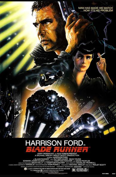 Promotional poster for "Blade Runner," featuring a close-up of a rugged man with a firearm and a woman in a dark setting holding a cigarette. The background showcases a futuristic cityscape with neon lights. The title and credits are prominently displayed at the bottom