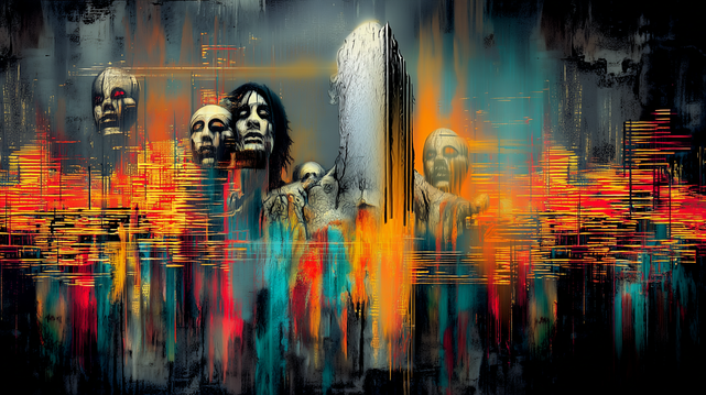 🇫🇷 Groupe de visages sculpturaux alignés devant une forme monumentale blanche, entourés de traînées chromatiques rouges, orange et turquoise, comme une procession rituelle en pleine ville en flammes.
🇬🇧 Group of sculptural faces aligned before a monumental white form, surrounded by red, orange and turquoise streaks, like a ritual procession in a burning city.