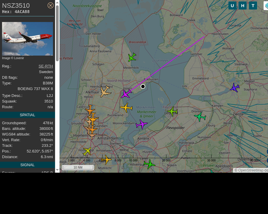 #NSZ3510: Norwegian Air Sweden (#Boeing B38M, registration: SE-RTH)
Route: CPH-LGW: Copenhagen Airport -> Gatwick Airport
Min. distance: 1.3nm away @ 38000 ft
Heading: SW @ 528.1kts
Time: 08:02:30
 #WayTheHeckUpThere #FlyingFast #adsb #Venhuizen