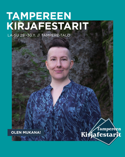 Tampereen kirjafestari -kehyksillä ympäröity kuva sinipaitaisesta kirjailijasta, joka katsoo suoraan kameraan