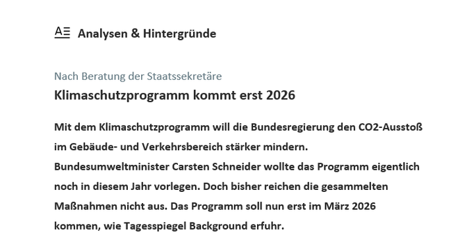 Screenshot aus dem Tagesspiegel Background Klima Energie vom 27.11.25. Überschrift: Klimaschutzprogramm kommt erst 2026