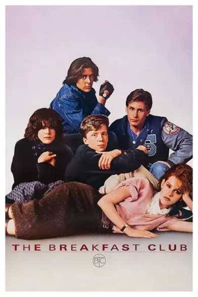 Das Plakat des Films "The Breakfast Club" von 1985:
Die fünf Protagonisten werden wie auf einem Bandfoto teilweise kniend, teilweise stehend oder liegend in der Gruppe gezeigt. direkt unter der Gruppe steht in weinroten Großbuchstaben und unterstrichen "The Breakfast Club".
Der Hintergrund ist dreckig weiß mit einem rosa-roten Tint.