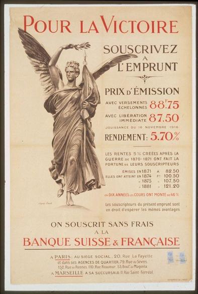 The image depicts a vintage poster titled "Pour la Victoire souscrivez à l'Emprunt: Banque Suisse & Française [1916]." The main visual element is an engraving of the Greek goddess Victory, depicted with wings and holding a laurel wreath in one hand and what appears to be a flag or banner in the other. She stands against a beige background.
The poster contains text in French, encouraging viewers to subscribe for victory by subscribing to war bonds issued by Banque Suisse & Française. It provides details on various aspects of the bond issuing process such as price per share (88.75 francs), duration with interest payments (immediate 87.50% and immediate payment within a year at 16%) and redemption rate (5.70%). The poster also includes historical references to past bonds, mentioning years like 1821, 1843, and others.
The text is arranged in several sections with varying font sizes for emphasis, such as "Pour la Victoire" which stands out prominently at the top in red lettering. Additional information about subscribing on different locations of Paris (e.g., The Louvre, Eiffel Tower) and other cities like Marseille are provided towards the bottom.
The overall design suggests a call to action during wartime fundraising efforts through bond sales, aiming to rally support for national defense initiatives.