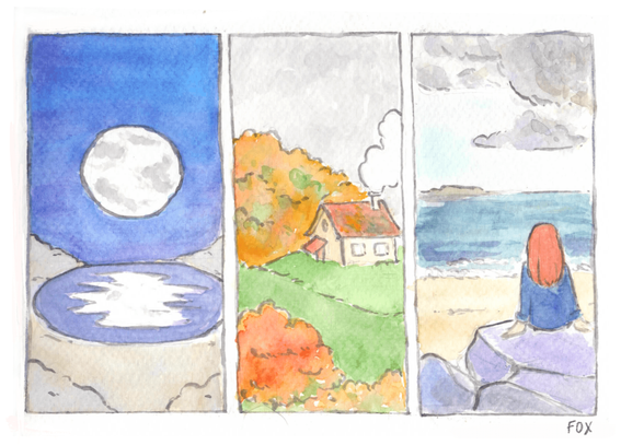 A watercolor painting divied into three parts : the moon reflecting on a lake, a house by an autumn forest, a person with red hair sitting by the sea.
