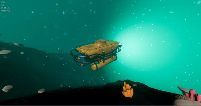 A screenshot of the game with a yellow submarine next to some corals and marine snow all over the place.