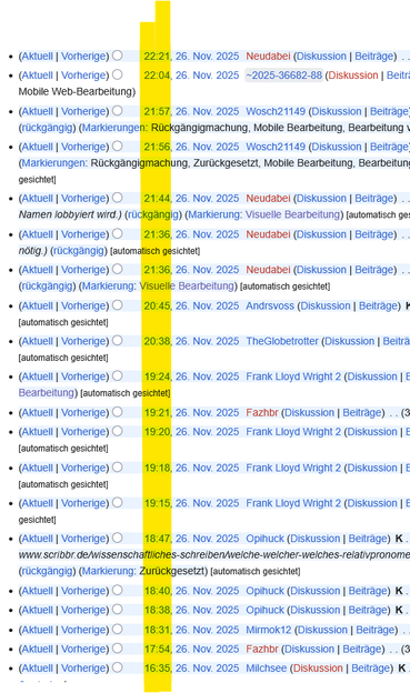 Screenshot der Wikipedia-Versionsgeschichte zum Artikel „Die Familienunternehmer“ mit zahlreichen Bearbeitungen im Minutentakt am 26. November 2025 – Einträge werden hinzugefügt, gestrichen und zurückgesetzt.