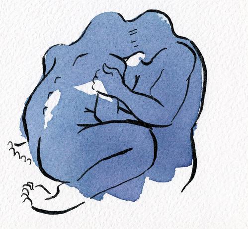 Croquis à l'encre sur papier blanc texturé de deux personnes s'embrassant, leur tête sont en fusion et s'attachent