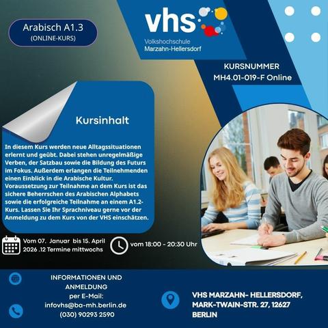 Kurswerbung für einen Sprachkurs Arabisch A1.3 an der Volkshochschule Marzahn-Hellersdorf ab Januar 2026 mit Kursdetails.