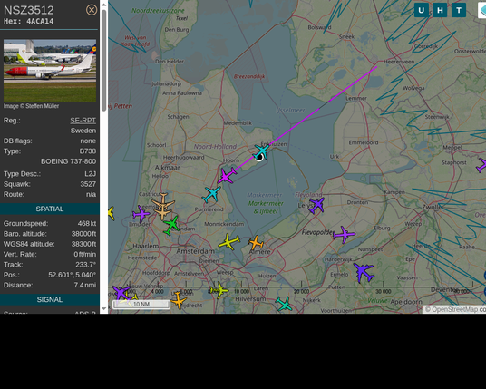 #NSZ3512: Norwegian Air Sweden (#Boeing B738, registration: SE-RPT)
Route: CPH-LGW: Copenhagen Airport -> Gatwick Airport
Min. distance: 0.7nm away @ 38000 ft
Heading: SW @ 522.7kts
Time: 10:29:17
 #WayTheHeckUpThere #FlyingFast #adsb #Venhuizen