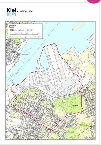 Karte von Kiel Gaarden in dem mit einer Linie der Evakierungsbbereich durchgeführt wird.