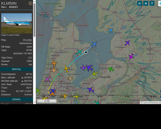 #KLM59N: KLM Royal Dutch Airlines (#Boeing B738, registration: PH-HSE)
Route: AMS-BLL: Amsterdam Airport Schiphol -> Billund Airport
Min. distance: 0.4nm away @ 22150 ft
Heading: NE @ 437.4kts
Time: 10:32:04
 #UpInTheClouds #FlyingFast #adsb #Venhuizen