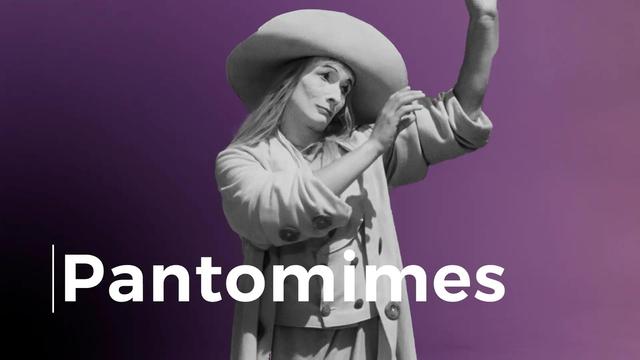 Image au format horizontal, où l'on voit en noir et blanc découpé d'une photo du film « Les enfants du paradis », l'acteur Jean-Louis Barrault interprétant le personnage Jocrisse qui finit de jouer la pantomime du pickpocket. Le fond de l'image est dégradé mauve tirant du noir au blanc et en bas à gauche est écrit en grosses lettres blanches le mot |Pantomimes.