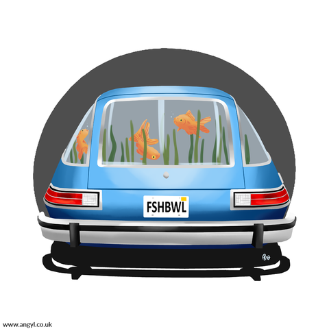 Digital illustration of the back of an AMC Pacer with the license plate FSHBWL.  Goldfish are swimming inside the car.