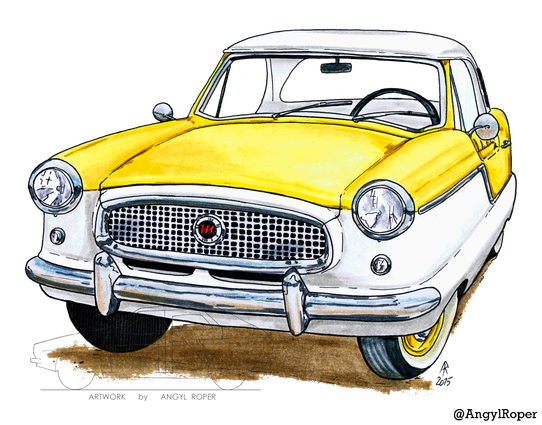 Ink illustration of a Nash Metropolitan in white and yellow, seen from the front three quarter.