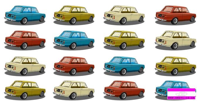 A digital ilustration of a modified Hillman Imp.  There are several cars in different colours shown in a repeating pattern.