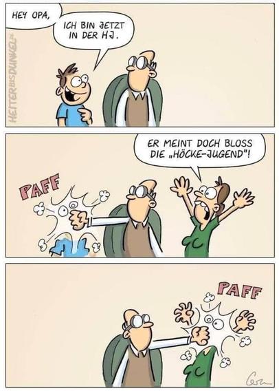 Zu sehen ist ein Comic von "Heiter bis Dunkel" (Mark Ormerod). Im ersten von drei Bildern sagt der Enkel stolz lächelnd: "Hey Opa, ich bin jetzt in der HJ.". Im zweiten Bild schlägt der Opa dem Enkel dafür kommentarlos und ohne aufzustehen ins Gesicht, während die entsetzte Mutter im Hintergrund auftaucht, die Arme hochreisst und ruft: "Er meint doch bloß die Höcke-Jugend!". Im dritten Bild knallt der Opa dafür kommentarlos auch der Mutter eine, immer noch sitzend.