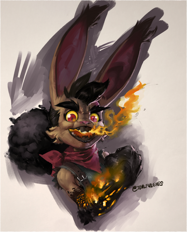 Painted portrait sketch by the artist Tealful Eyes of an anthropomorphic dragon bunny flexing with an open smile as furnace like flames emit from their mouth and openings in their charred forearm.