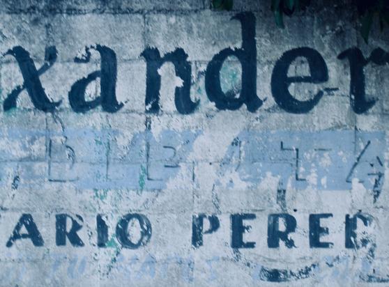 Eine verwitterte, teils abgeblätterte Fassadenbeschriftung auf rauem Putz, deren dunkle Buchstaben nur noch fragmentarisch lesbar sind. Die Struktur des bröckelnden Anstrichs und die verblassten Farbschichten verleihen dem Bild eine nostalgische, urbane Atmosphäre.