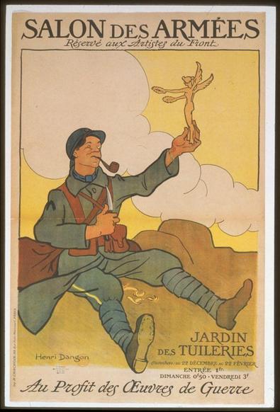 The image depicts a vintage French propaganda poster, which is in color and measures 121 x 79 cm. The central figure of the poster is an illustration of a soldier dressed in World War I-era military uniform. He holds up his right hand with fingers extended to display something that appears to be wooden wings or possibly part of a winged victory statue, which has been carved by him as suggested by its rough texture and unfinished appearance.
The background features yellow clouds against a dark blue sky, symbolizing perhaps an idea rising above the battlefield. The soldier is seated on what seems like a cloud, with his legs crossed in a relaxed manner and one arm resting behind him for support. He wears a green tunic, red trousers, brown leather boots, and carries a grey backpack.
The upper part of the poster has text that reads "Salon des Armées" followed by smaller texts providing context about the exhibition reserved for artists who served on front lines during World War I. The name Henri Dangon is credited at the bottom left corner as an artist's signature or attribution, and it mentions Jardin des Tuileries along with some French text indicating profit support of war artworks.
The overall design captures a sense of pride in artistic production amidst wartime conditions, showcasing creativity despite challenging circumstances through official means sponsored by governmental entities.