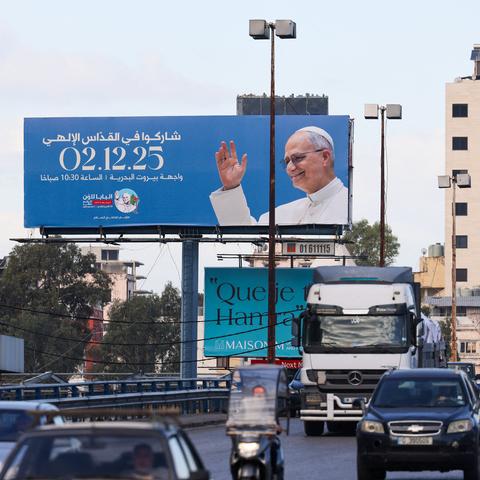 A billboard welcoming Pope Leo XIV in Beirut, Lebanon. The country has the largest community of Catholics in the Middle East.