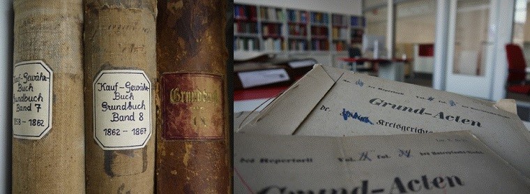Das Foto zeigt Grund-Acten und Grundbücher im Grundbuchzentralarchiv-Kornwestheim