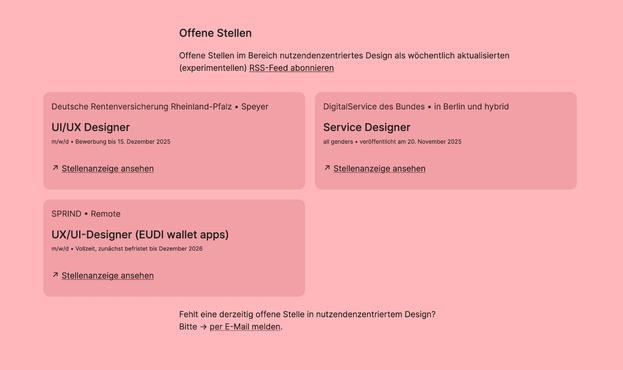 Partial screenshot of a website displaying open 3 design positions – a UX/UI design role at the German state pension service in Speyer, a service design opening at the Digital Service in Berlin, and a UX/UI design role for the EU digital identity wallet app remote