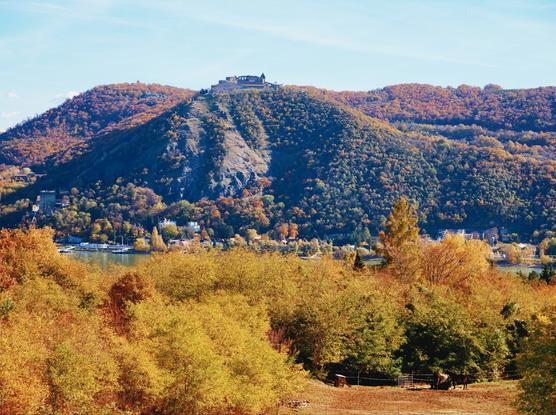 The castle of visegrad, seen from nagymaros, in late october, hungwry