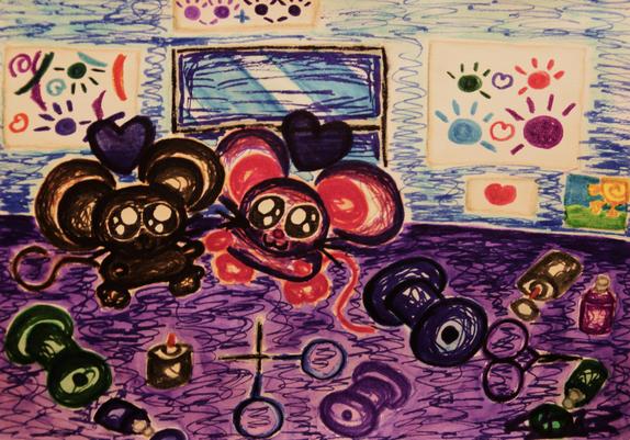 A marker drawing of a brown pet mouse and a white pet mouse holding paws on a desk with various art and craft supplies spread all over it during a family craft night with their caretakers. 

Among the supplies are a green, blue, and purple empty thread spool, red green, and blue bottles of paint, with the greeen and blue bottles spilling out on the desk, a couple pairs of scissors, one open, and two bottles of glue, with one of them spilled out on the desk. In the background are a pair of handprint canvases, a fingerpainting, a construction paper collage of a sunny day, and a heart canvas. 

This was drawn entirely in Crayola markers and shot through an EOS Rebel T3i with a Canon FD 35-70mm f4 zoom lens mounted to it.