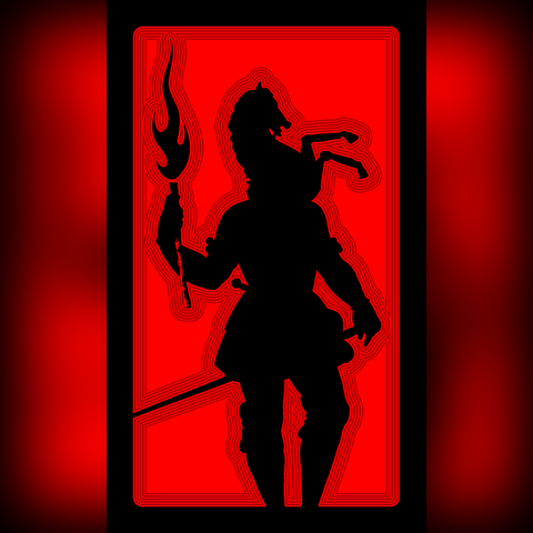 The Knight of Wands card from the Cryptica Tarot. It is depicted as a silhouette of an armored knight holding a torch. The knight's head has been replaced by the front half of a horse. The silhouette is on red, and has radiant border echoes.