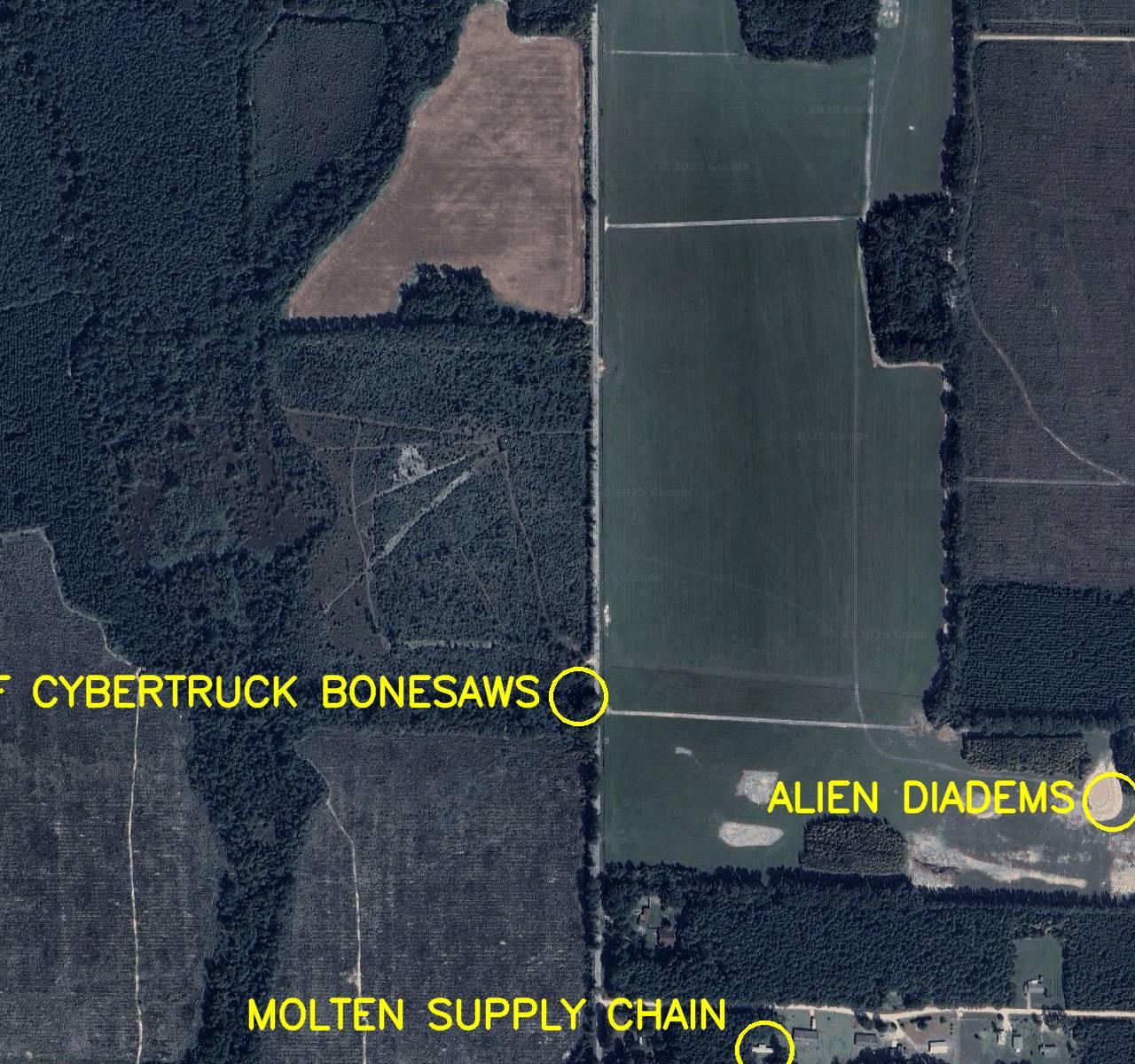 Aerial satellite photo labelled in bright yellow letters:  1. Alien Diadems 2. Parade of Cybertruck Bonesaws 3. Molten Supply Chain