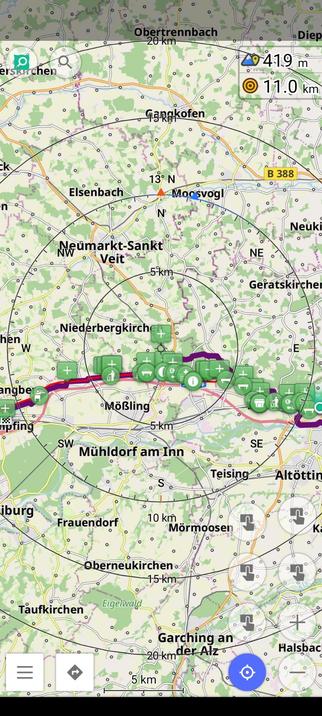 OsmAnd as the base layer. A route from Ampfing to Neuötting is drawn with more OpenStreetMap notes towards the end of the path.