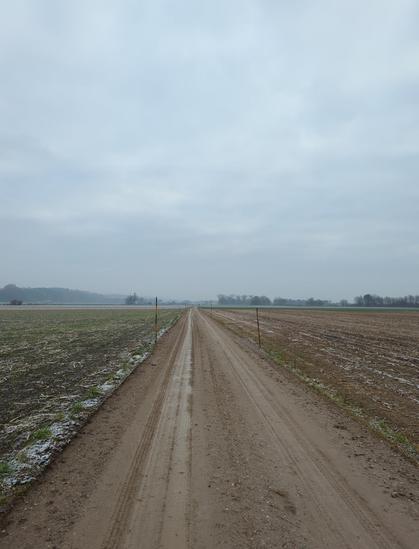 On a muddy track that goes out into the distance. There is forest covered hill in the distance to the left and a few trees to the right. The sky is cloudy and as it hits the horizon becomes foggy. To the and right of the path are culled fields which have been sprinkled with snow.