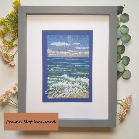 A small drawing of a seascape with waves rolling onto a beach.
An original art work, please note that the frame is not included.
Colour pencil and mixed media on acid free toned artist paper
5 by 7 inches (12.7 by 17.8 cm).