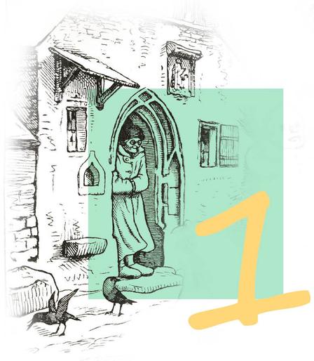 Erstes Türchen des Pictura Adventskalenders 2025: Ein unkolorierter Stich zeigt den Eingangsbereich eines Hauses im Winter. Eine eingemummelte Gestalt steht in der Haustür, fröstelnd mit in die Ärmel geschobenen Händen. Links im Schnee picken zwei schwarze Vögel.