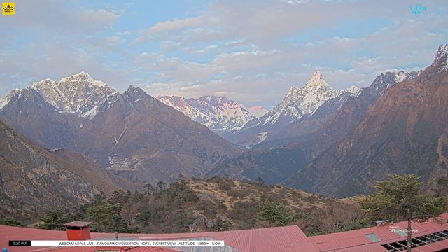 A wide view of several mountains, from left:

- Taboche (6,500 meters/21,325 feet)
- Mount Everest (8,848 meters/29,032 feet)
- Lhotse (8,516 meters/27,939 feet)
- Ama Dablam (6,814 meters/22,355 feet)