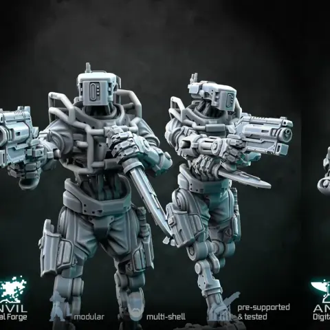 Three futuristic military robots are displayed in dynamic poses, showcasing a sleek, minimal steel frame with armored ballistic plates. Each robot is equipped with heavy assault rifles, while one is operating a drone, emphasizing their versatility. The models feature a modernist aesthetic, suitable for various gaming settings, and are presented in a light gray color against a dark background.